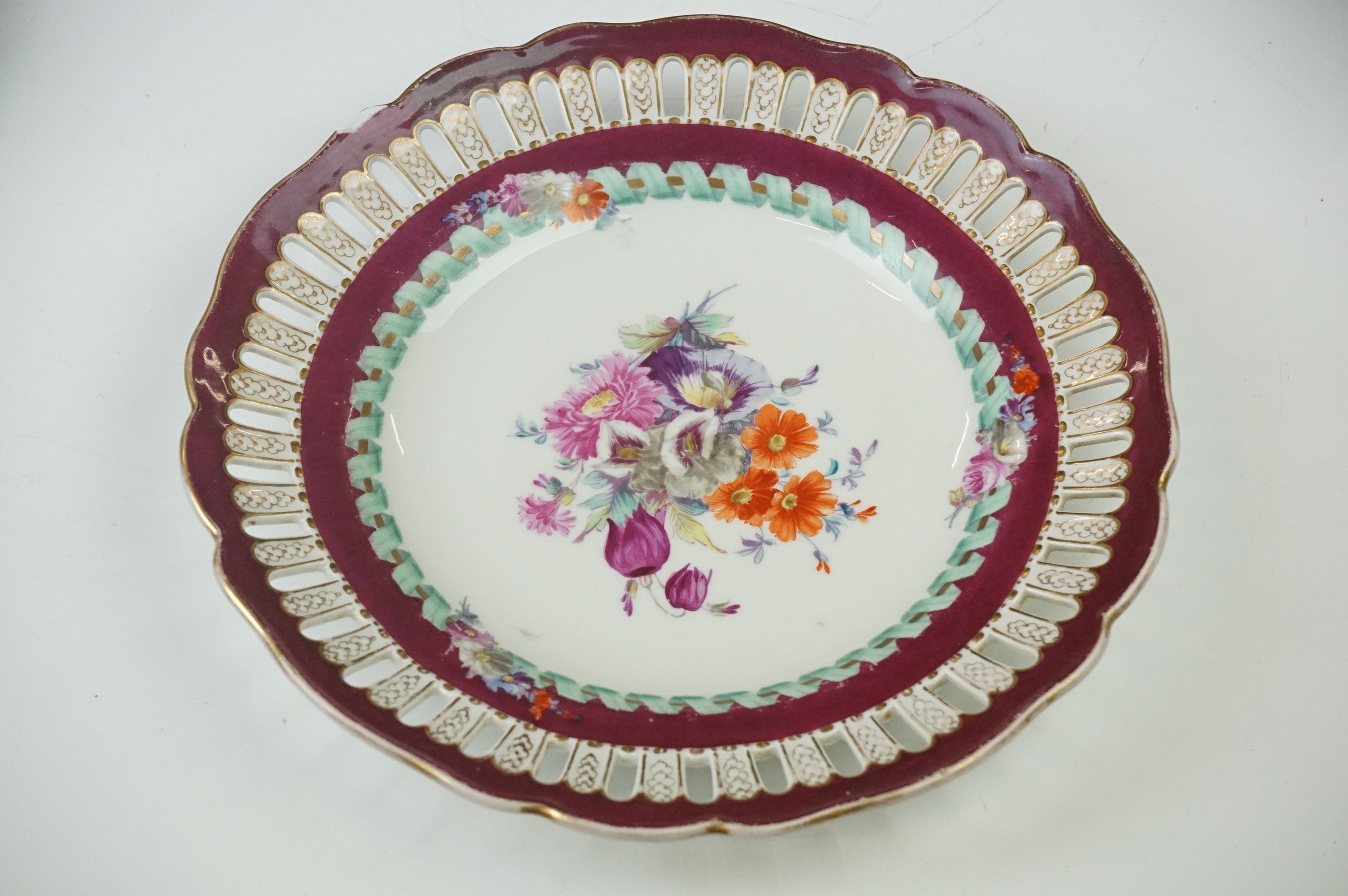 Seven Meissen reticulated Plates decorated with sprays of flowers within a ribbon border and pierced - Image 12 of 18