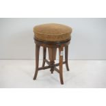 Edwardian Rosewood Inlaid adjustable circular Piano Stool with padded upholstered seat