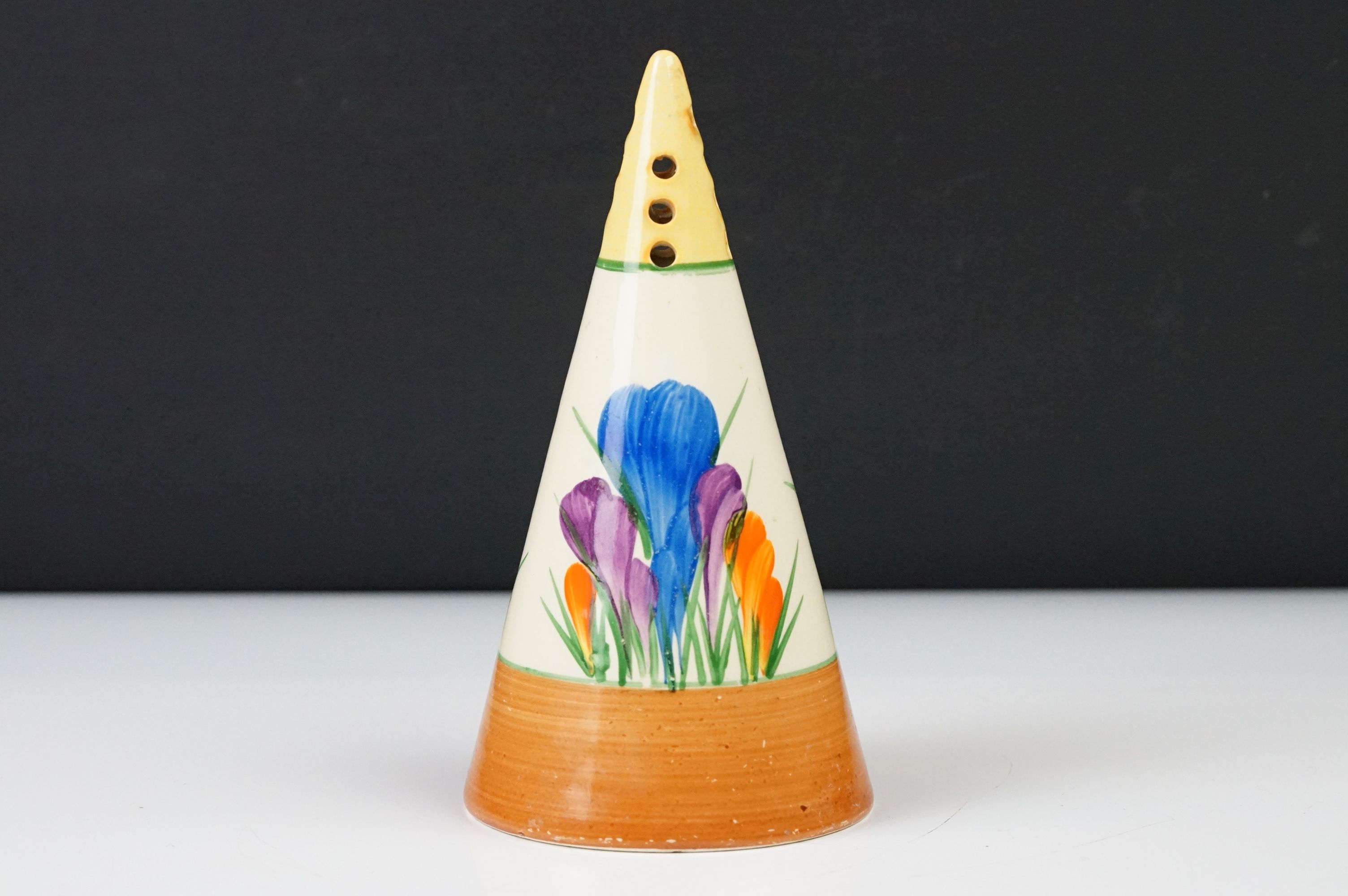 Clarice Cliff Pottery Bizarre Conical Sugar Shaker in the crocus pattern, 14cm high - Image 3 of 6