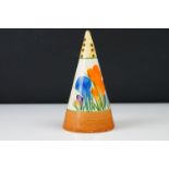 Clarice Cliff Pottery Bizarre Conical Sugar Shaker in the crocus pattern, 14cm high