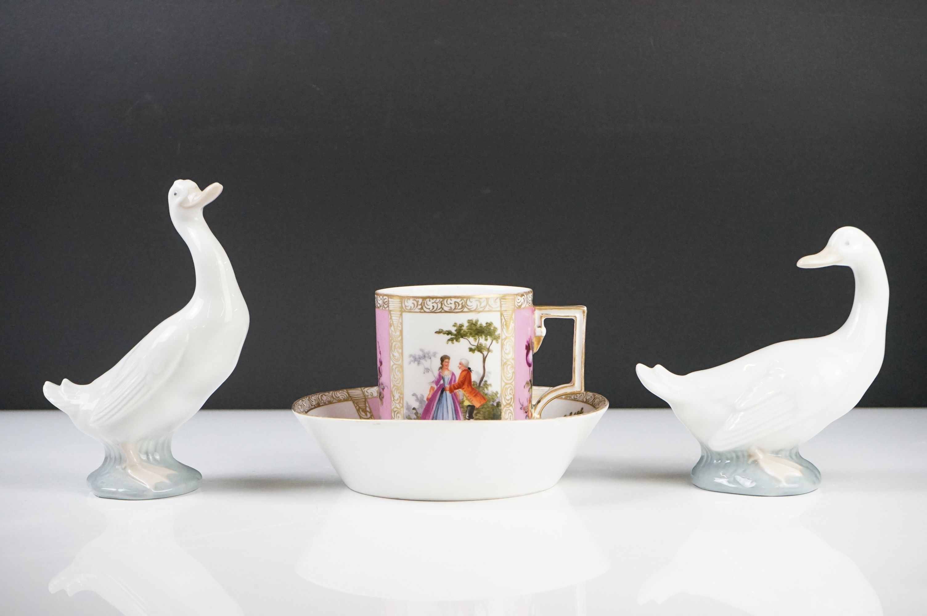 Continental Porcelain ' Augustus Rex ' Large Coffee Can and Saucer decorated with panels of courting