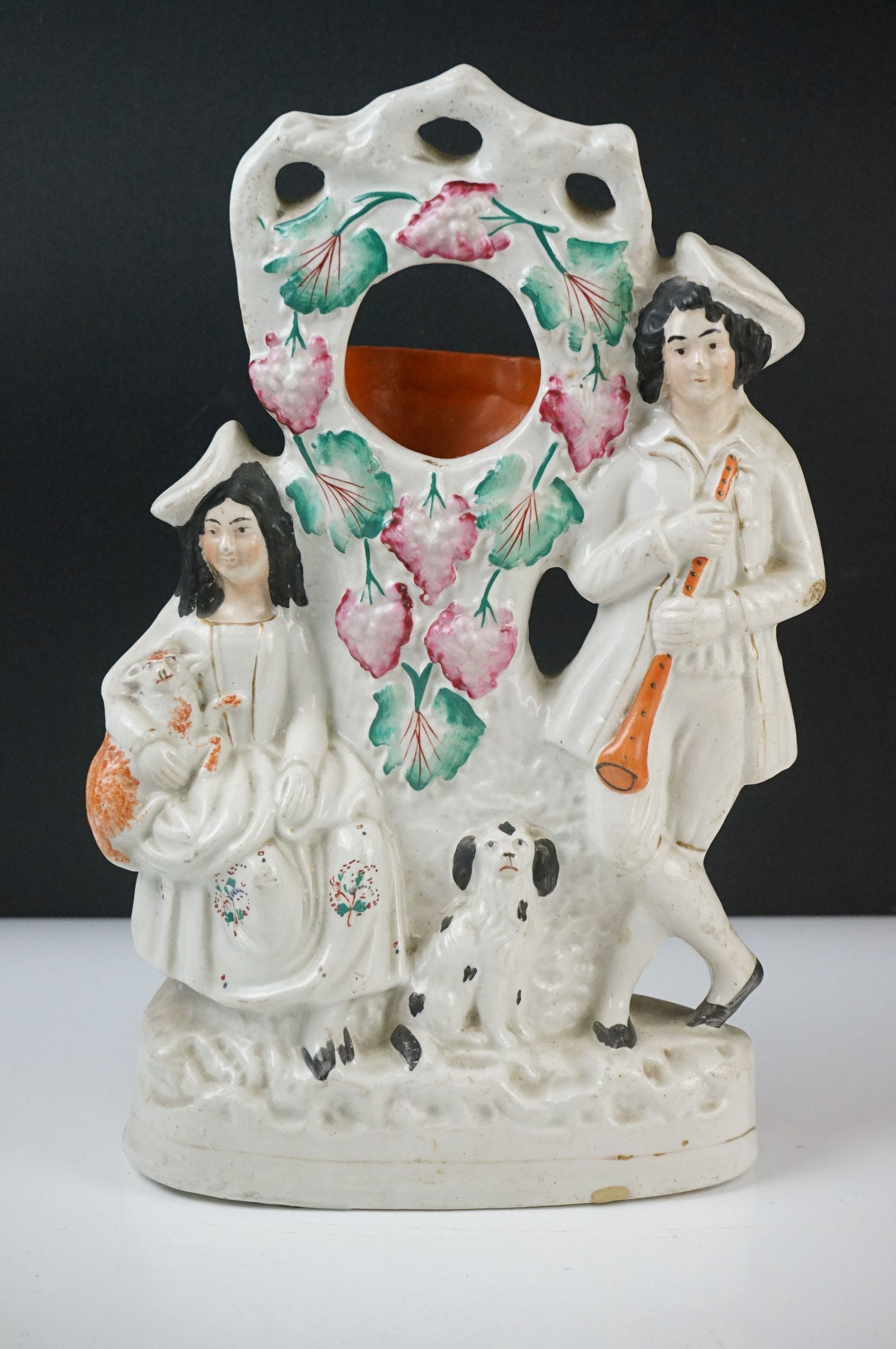 19th century Staffordshire Pottery Watch Holder with a musician lady holding a sheep and a - Image 2 of 18