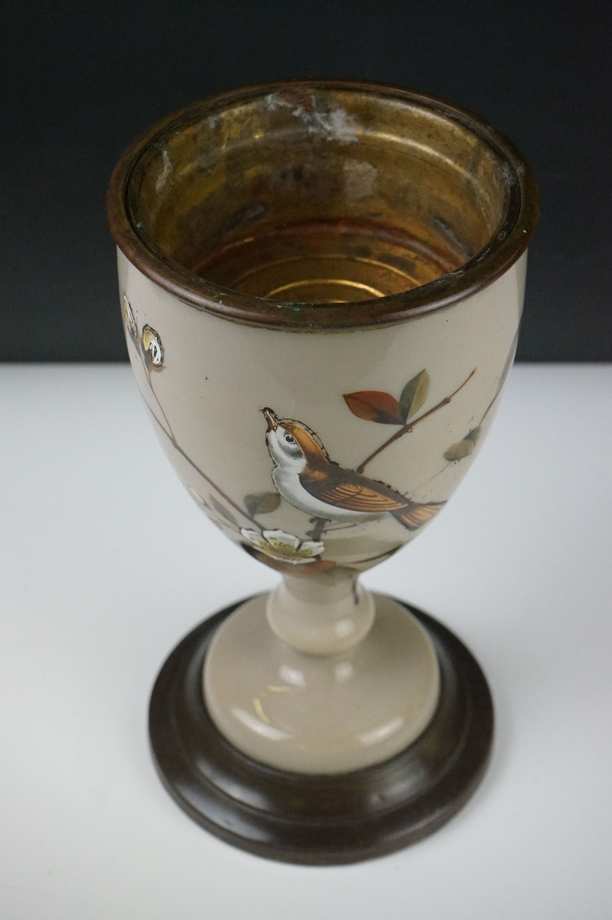 Victorian Opaque Glass and Brass Oil Lamp Base, the glass over-painted with birds within branches, - Image 2 of 9