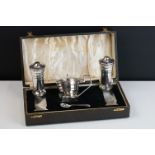 A fully hallmarked sterling silver Art Deco cruet set in original fitted case, assay marked for
