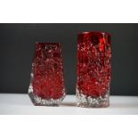 Whitefriars Bark Coffin Vase in Ruby Red, 13cm high and a Whitefriars Bark Cylindrical Vase in