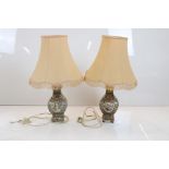 Pair of Chinese Famille Rose Ceramic Table Lamps decorated with figures, flowers, butterflies and