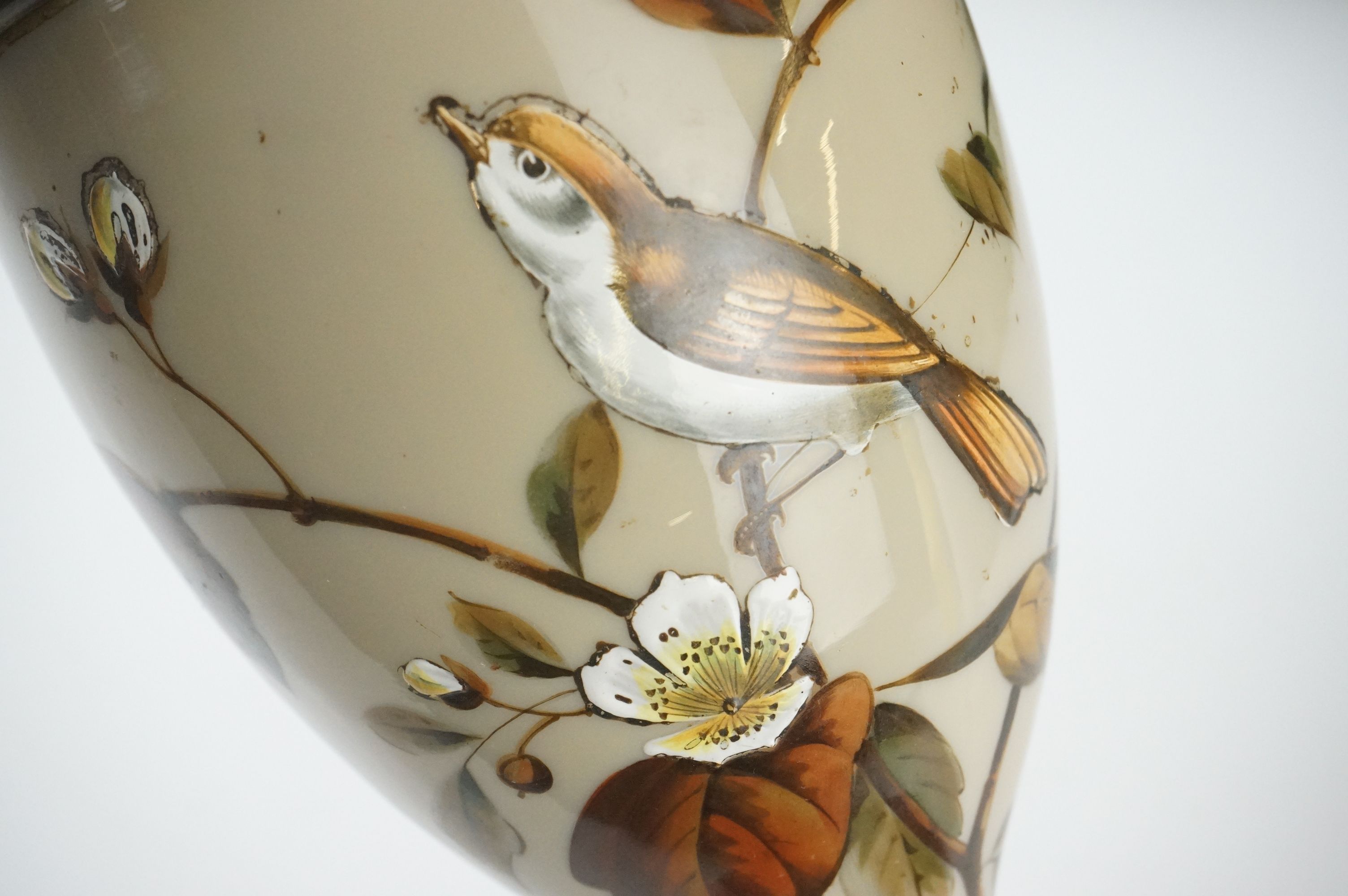 Victorian Opaque Glass and Brass Oil Lamp Base, the glass over-painted with birds within branches, - Image 7 of 9