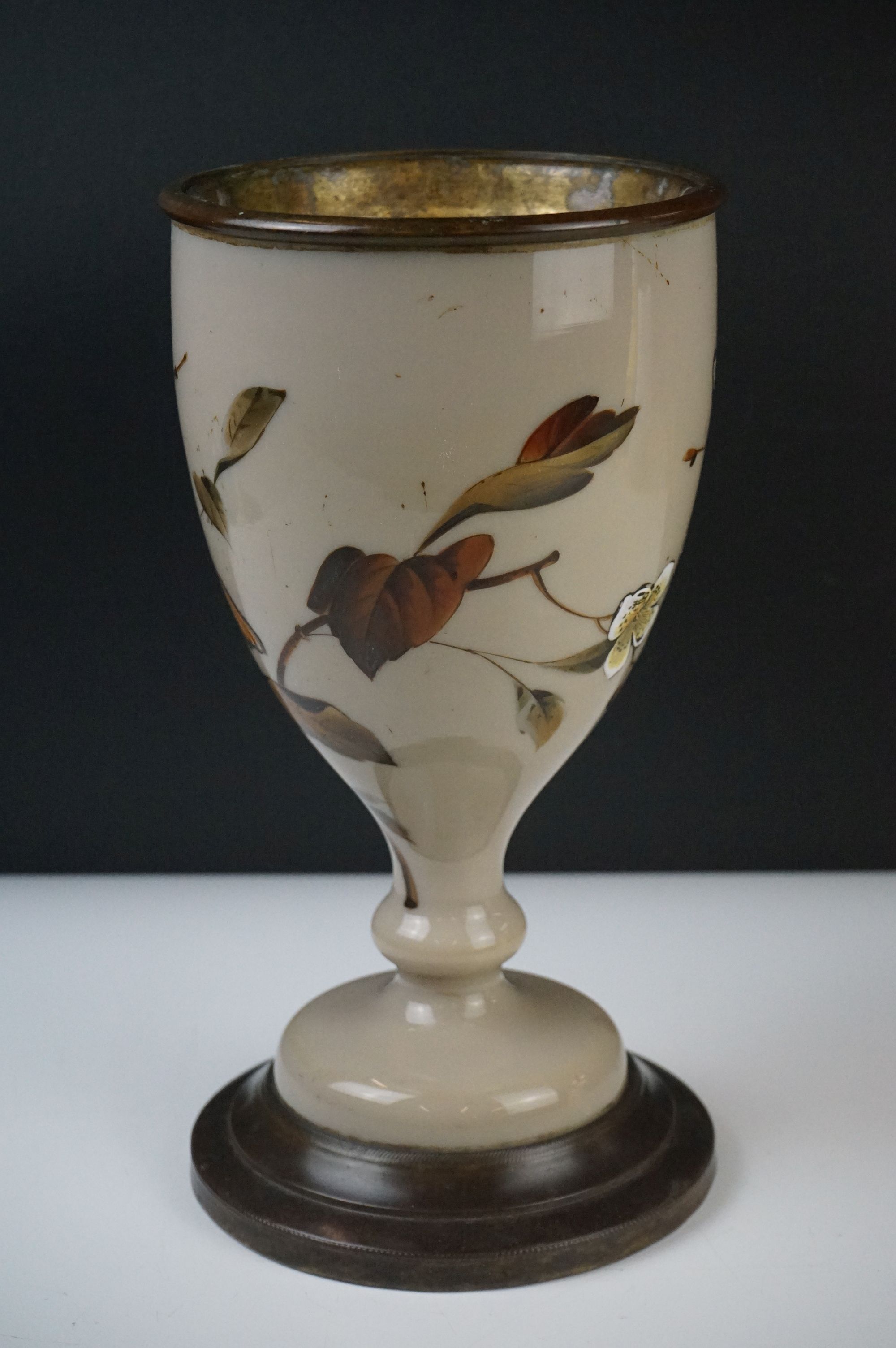 Victorian Opaque Glass and Brass Oil Lamp Base, the glass over-painted with birds within branches, - Image 5 of 9