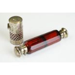 A victorian Ruby glass double ended scent bottle together with another ruby glass scent bottle