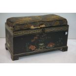 Chinese style Wooden Ottoman / Blanket Box decorated with flowers on a black ground, padded seat