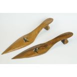 Pair of Sorrento ware Olive Paper Knives in the form of Shoes decorated with swallows, 21cm long