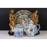 Chinese Famille Rose Plate decorated with figures, 27cm diameter, Two Chinese Teapots and a Pair