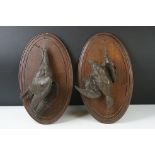 A pair of mounted brass bird Bronzes of a Teal and a Quail, retailers paper label to verso of wooden