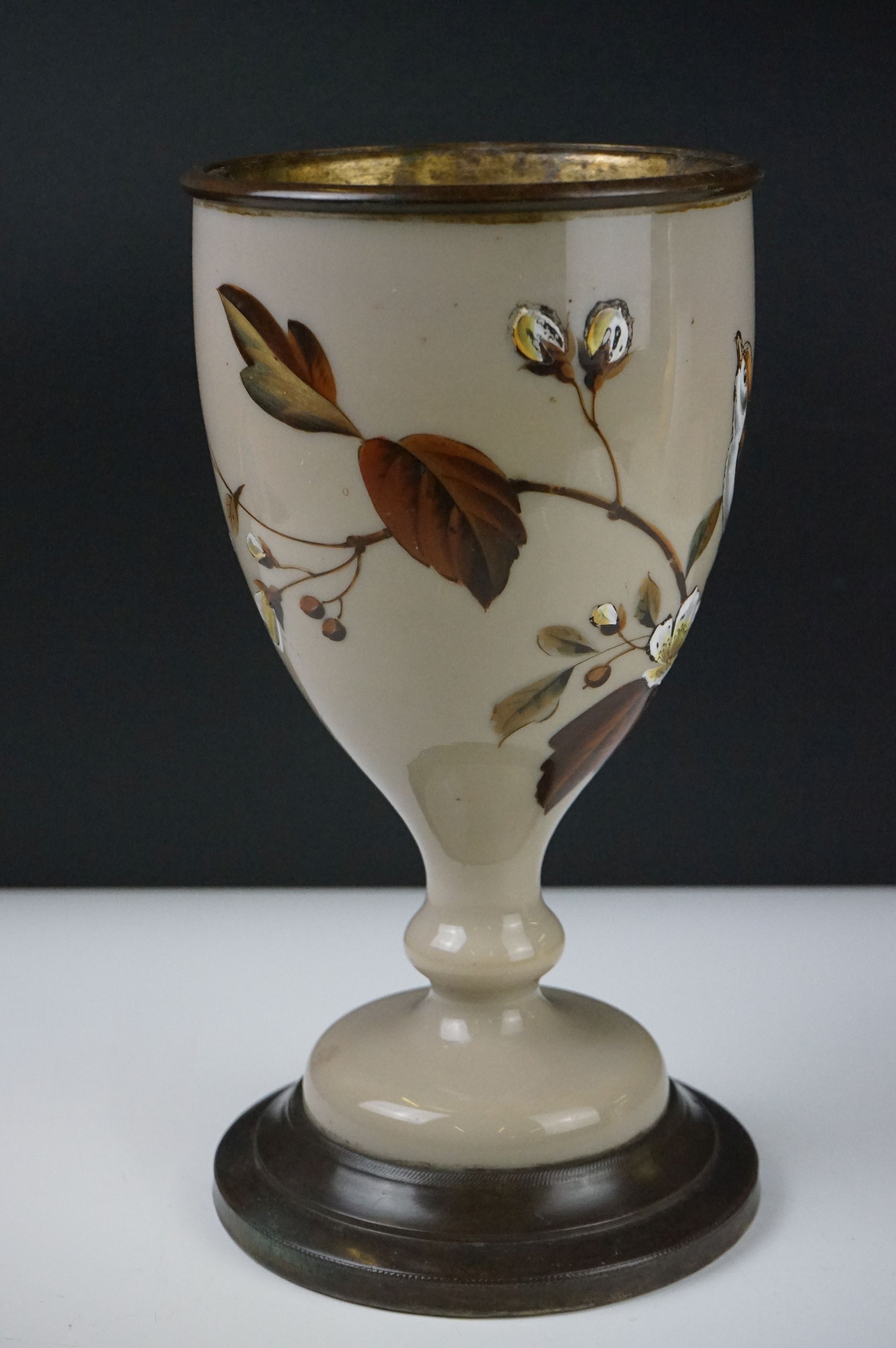 Victorian Opaque Glass and Brass Oil Lamp Base, the glass over-painted with birds within branches, - Image 3 of 9
