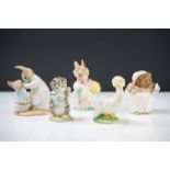 Five Beatrix Potter Figures including Beswick Miss Tiggy-winkle, Miss Moppet, Rebeccah Puiddle-