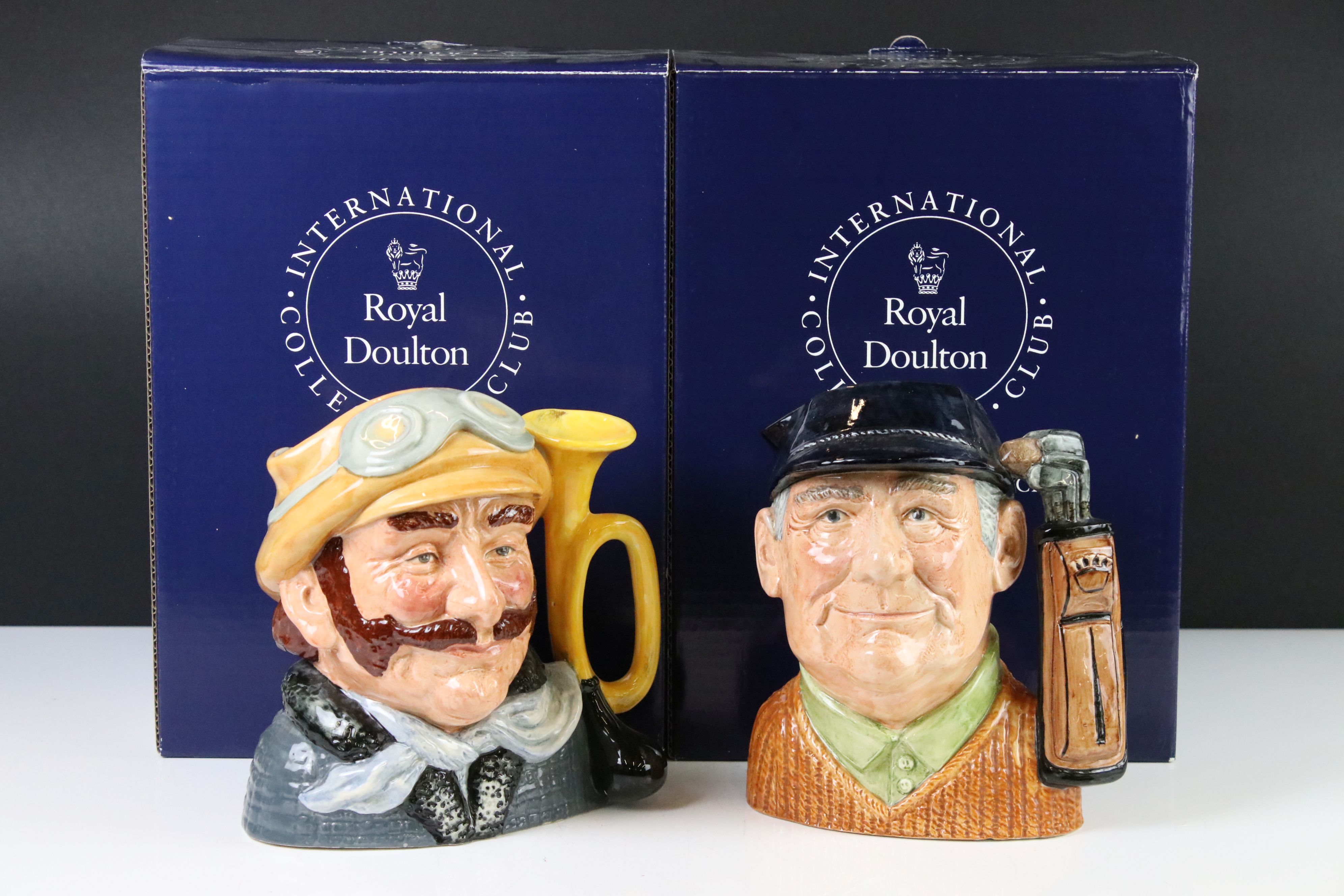 Two Royal Doulton Large Character Jugs including Golfer D6623 and Veteran Motorist D6633, both