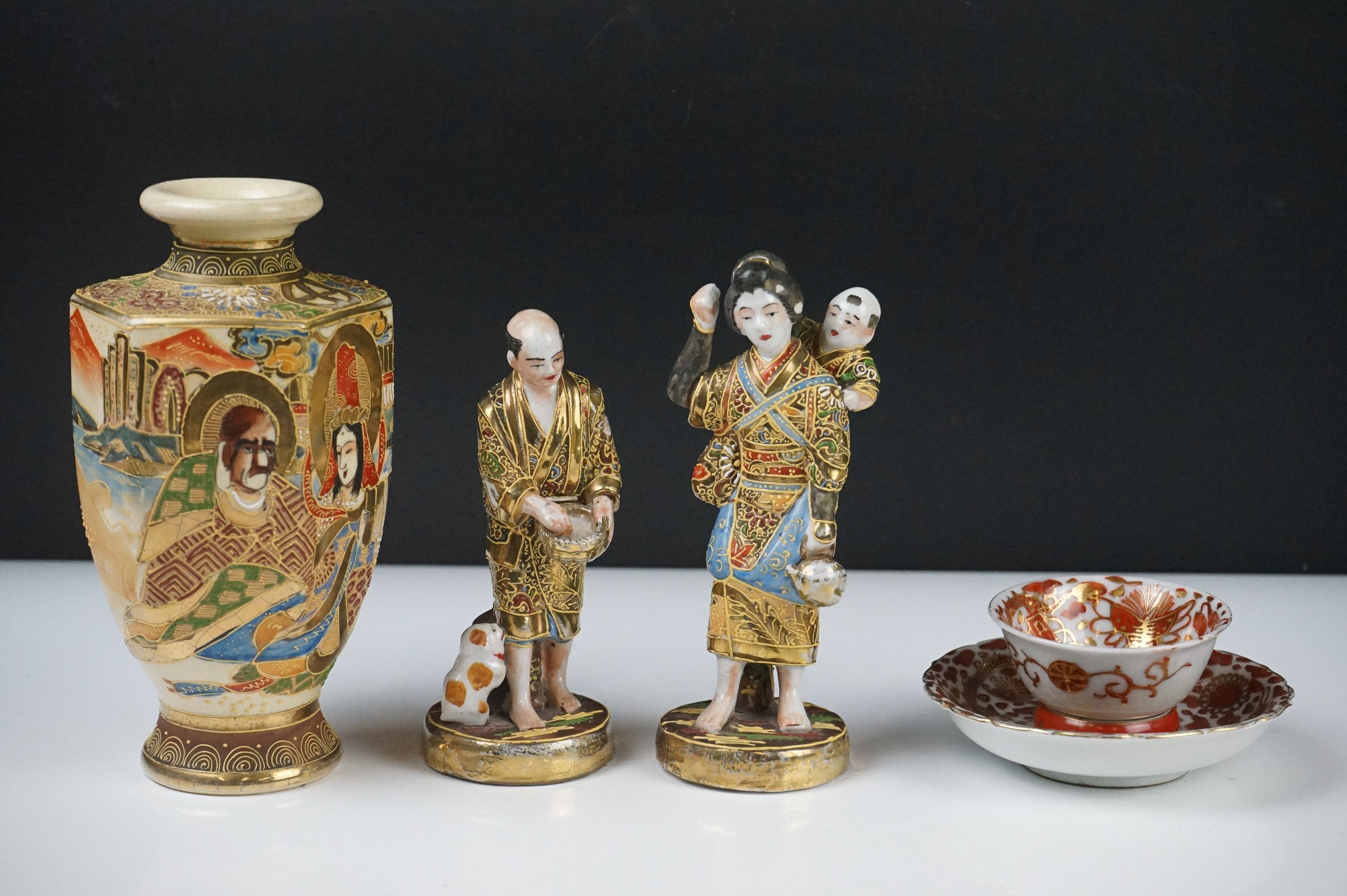 Group of Japanese Ceramics including Satsuma Vase, 16cm high, Two Satsuma Figures and a Small Cup
