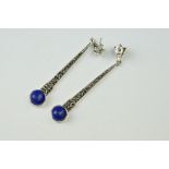 Pair of Silver Marcasite and Lapis Lazuli Drop Earrings in the Art Deco style