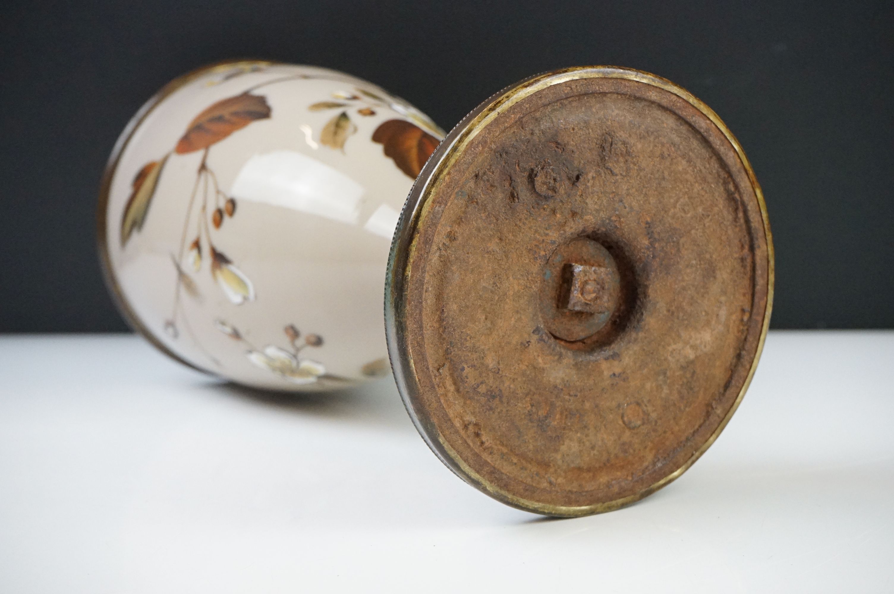 Victorian Opaque Glass and Brass Oil Lamp Base, the glass over-painted with birds within branches, - Image 9 of 9