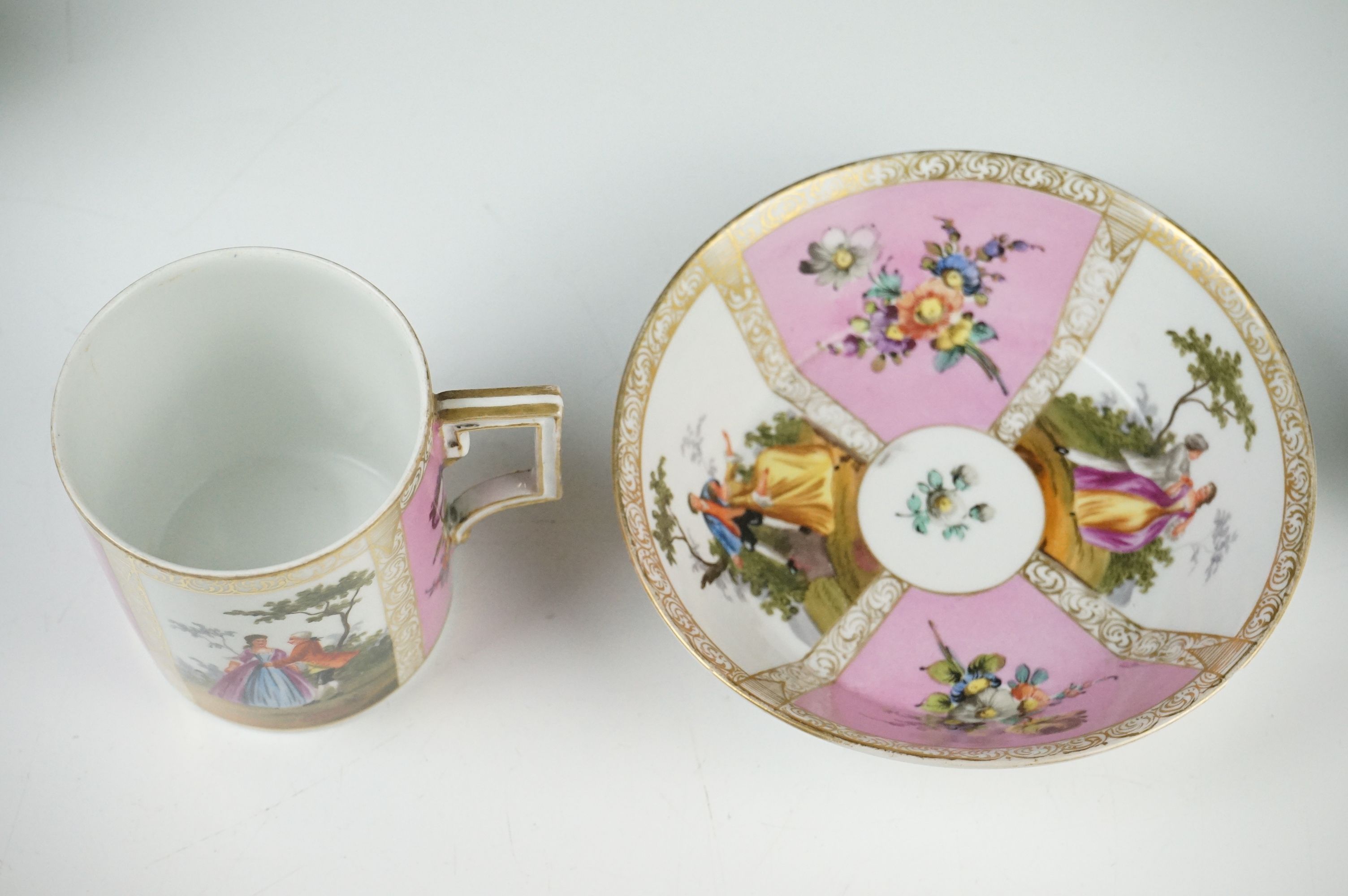 Continental Porcelain ' Augustus Rex ' Large Coffee Can and Saucer decorated with panels of courting - Image 2 of 13