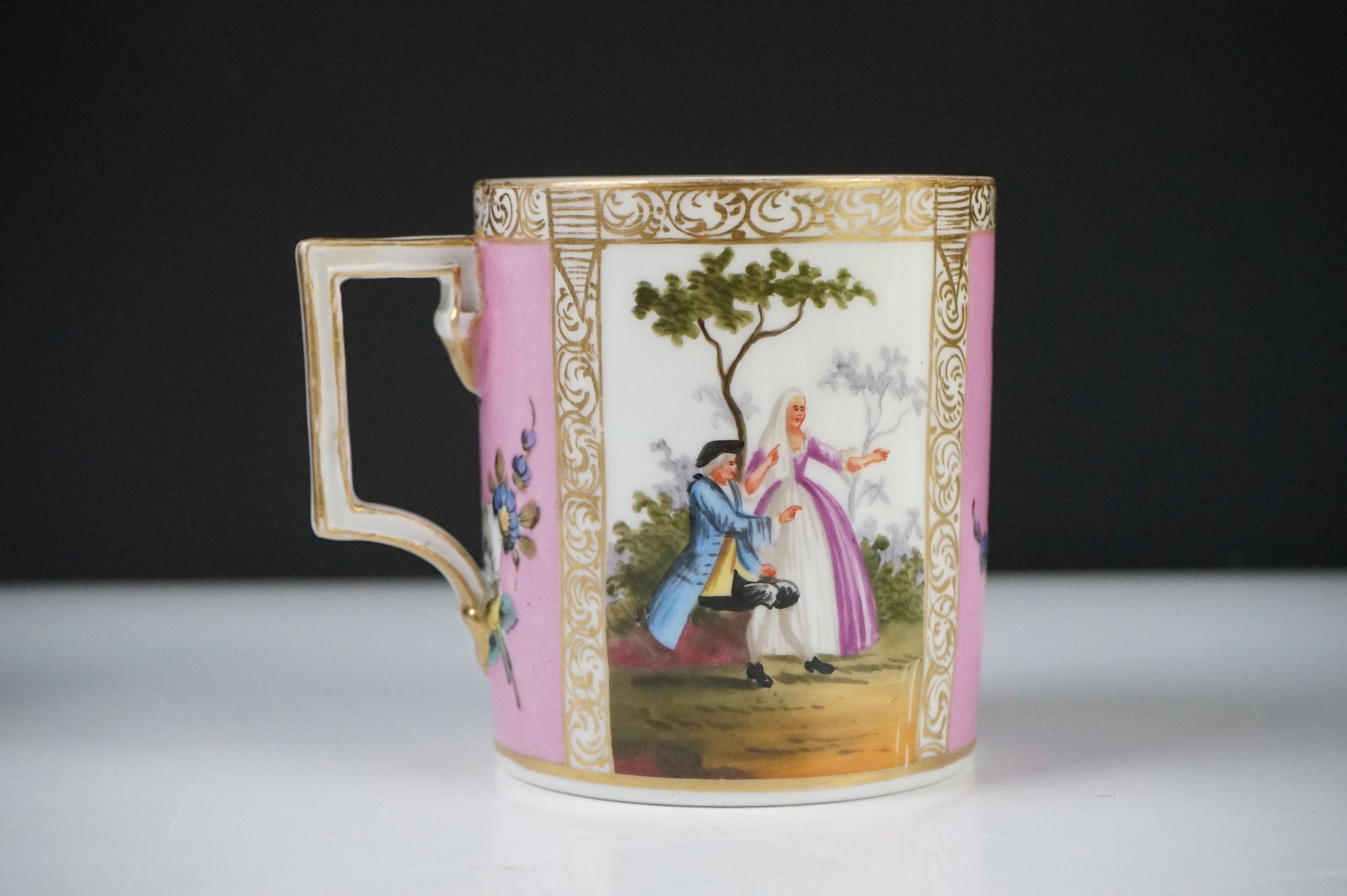 Continental Porcelain ' Augustus Rex ' Large Coffee Can and Saucer decorated with panels of courting - Image 7 of 13