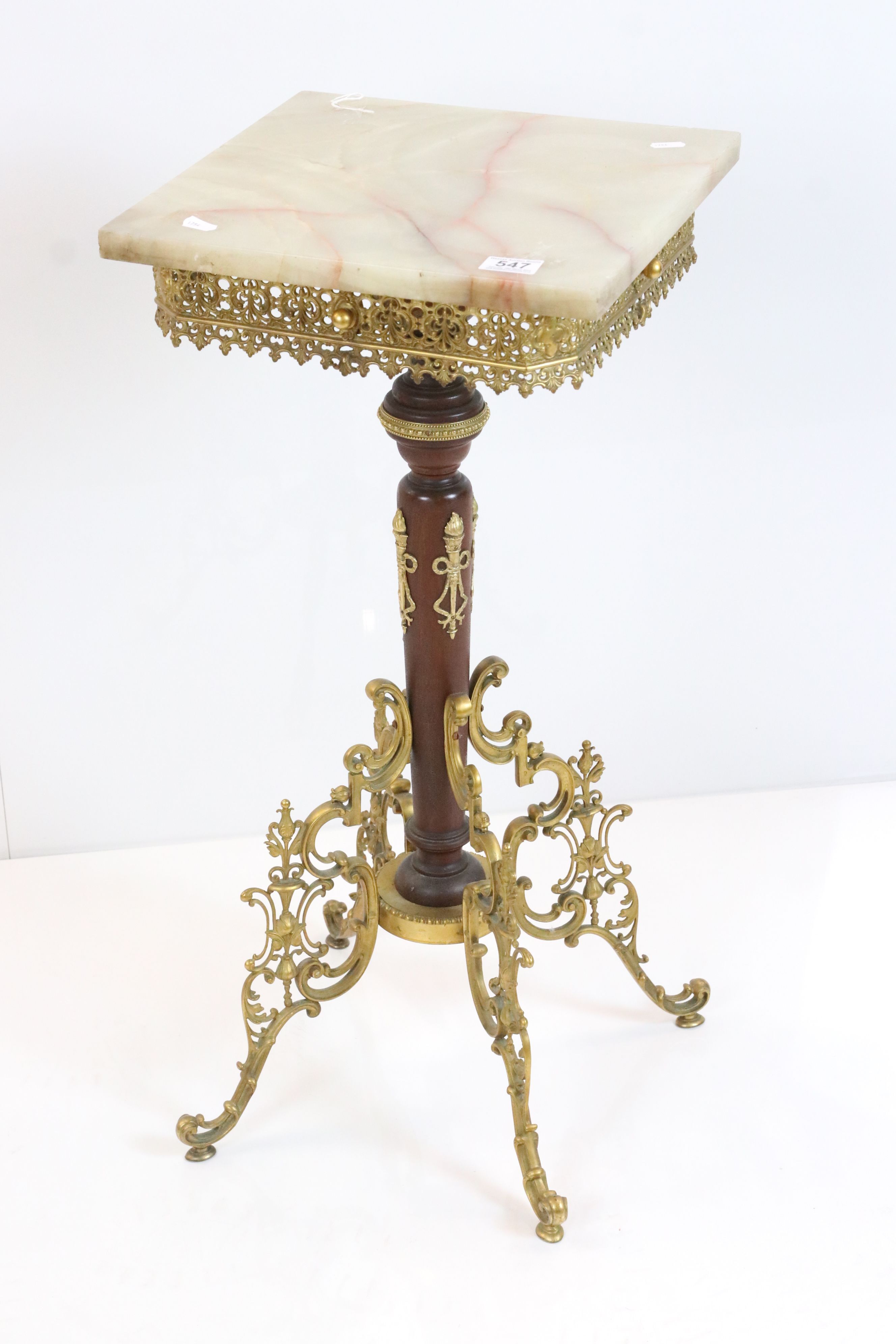 French Jardinière Stand / Table, the square onyx top supported by a turned wooden column and