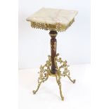 French Jardinière Stand / Table, the square onyx top supported by a turned wooden column and