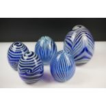 Five Hand Made Blue and White Glass Egg shape Ornaments, tallest 21cm high