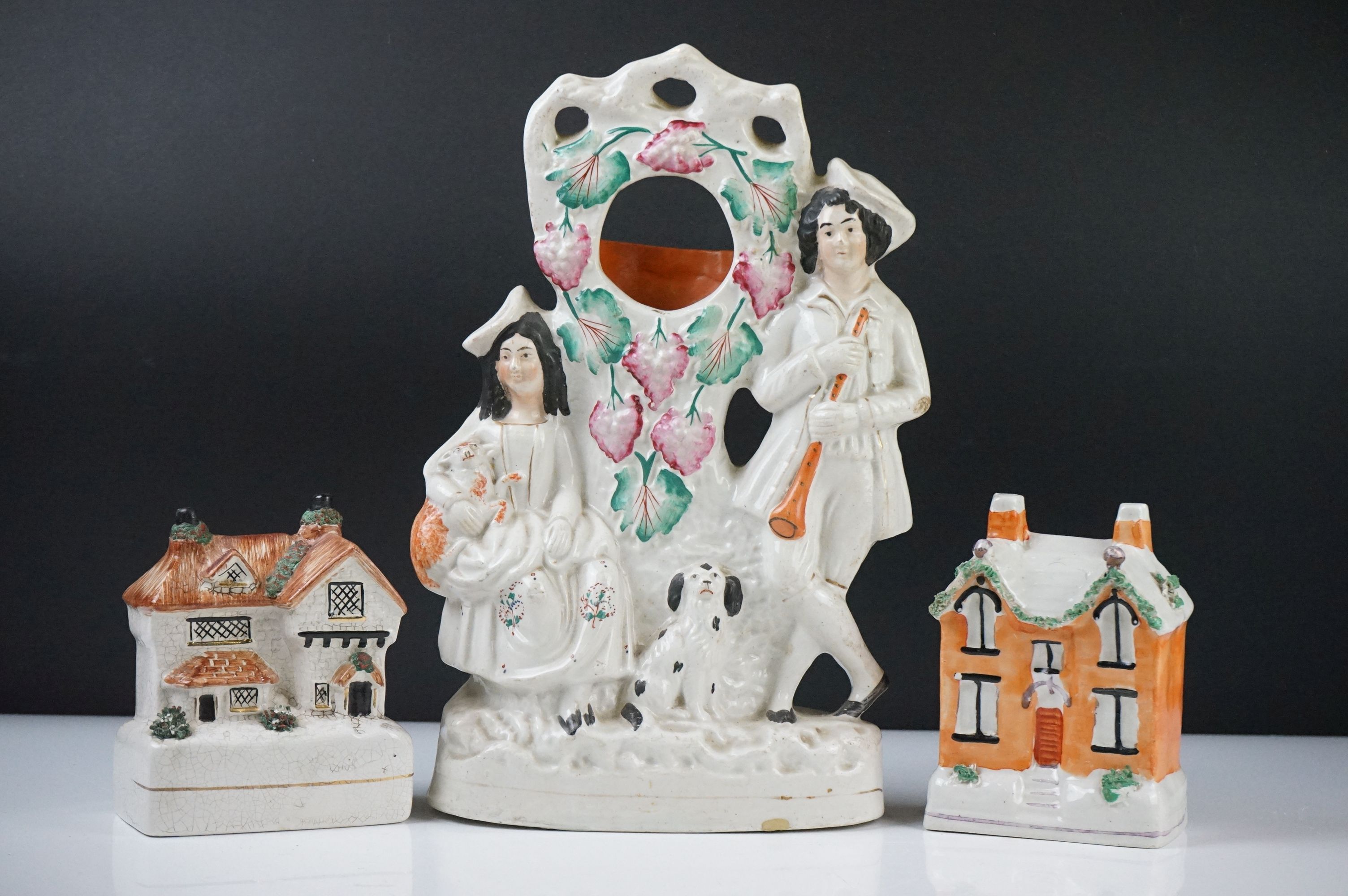 19th century Staffordshire Pottery Watch Holder with a musician lady holding a sheep and a