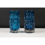 Two Whitefriars Textured Bark Glass Vase, model 9689, in the Kingfisher Blue colour, 15cm high
