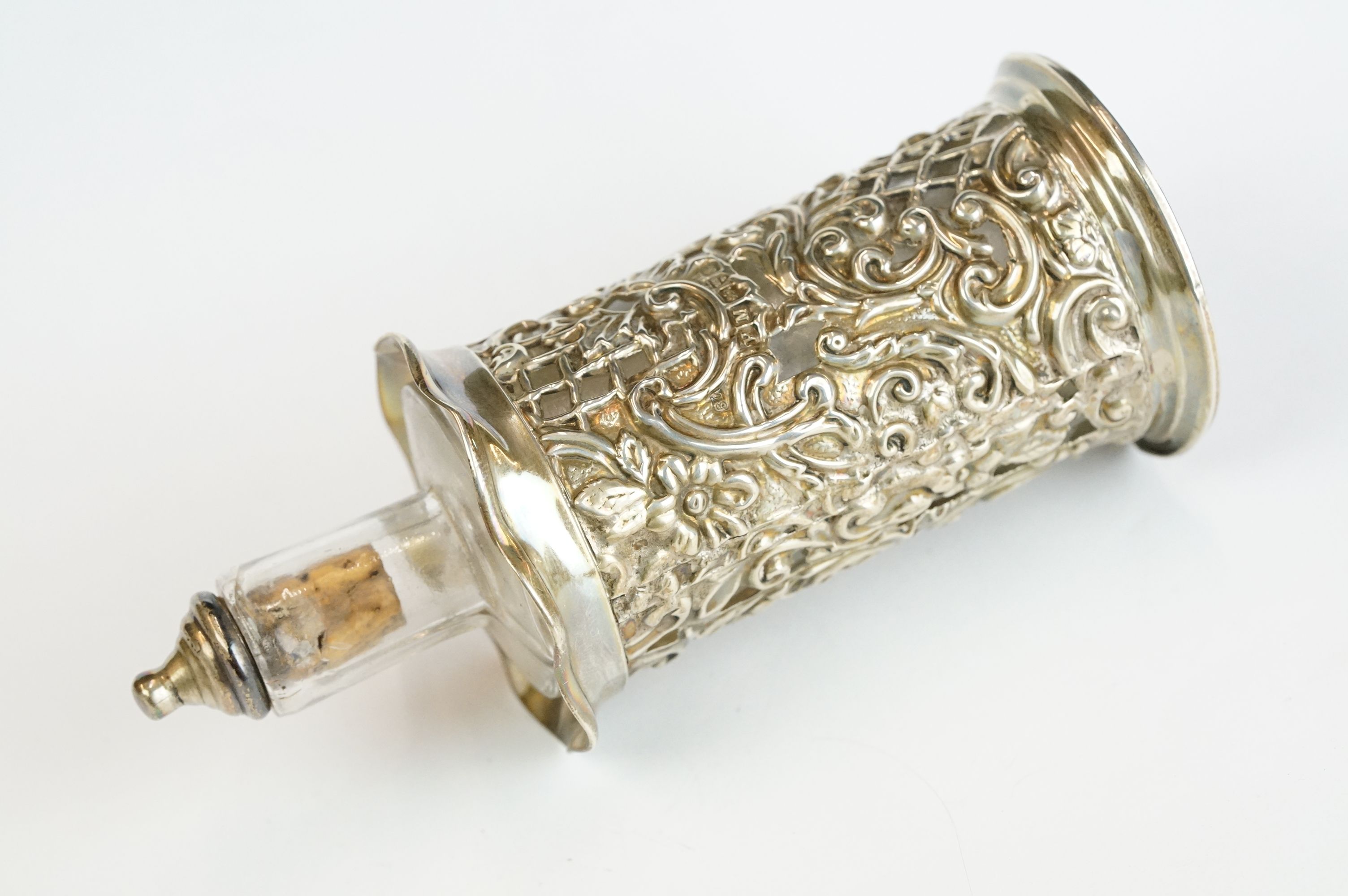 A fully hallmarked sterling silver pierced cased scent bottle together with a blue glass and a - Image 10 of 10