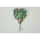 Silver Plique a Jour Pendant / Brooch in the Art Nouveau style with pearl drop