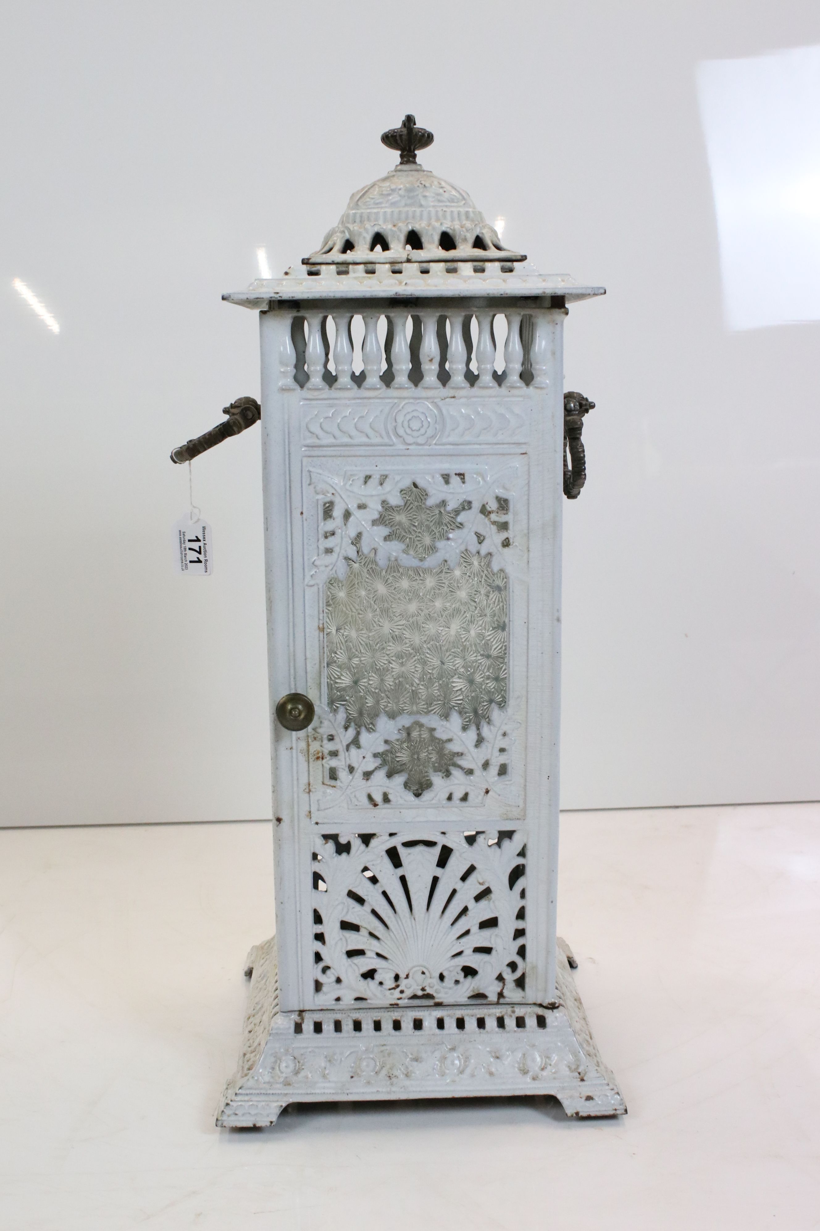 19th century White Painted Cast Iron Cathedral Heater, square form with glass panels, the domed - Image 2 of 4