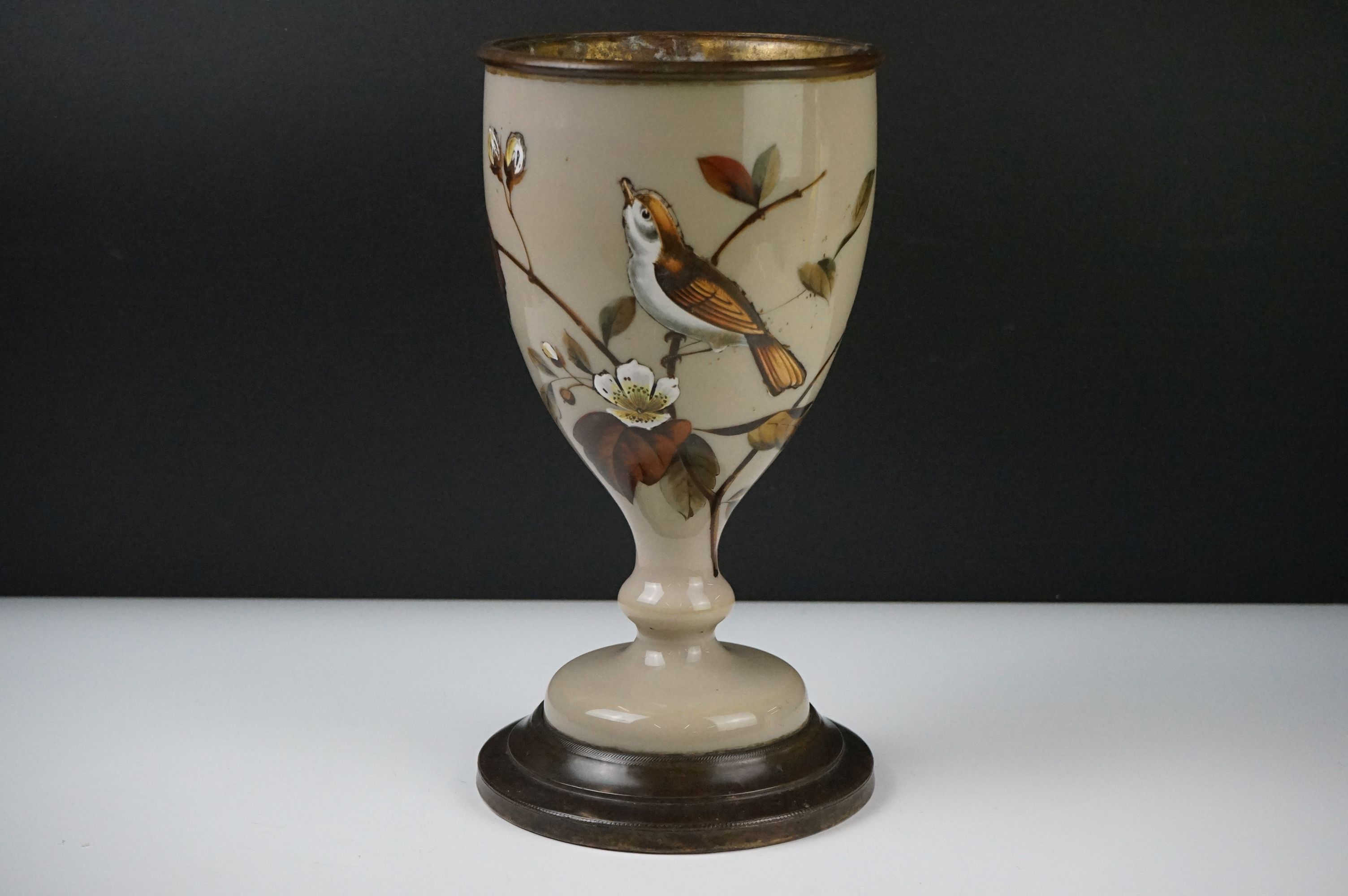 Victorian Opaque Glass and Brass Oil Lamp Base, the glass over-painted with birds within branches,