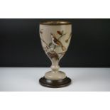 Victorian Opaque Glass and Brass Oil Lamp Base, the glass over-painted with birds within branches,