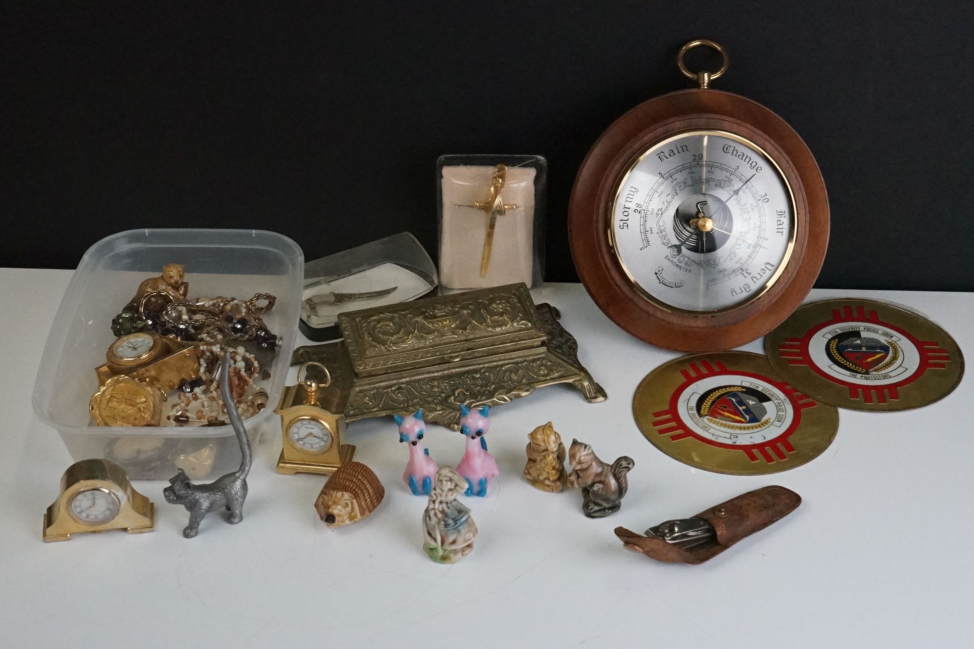 Mixed Collectables including Brass Stamp Holder, Designer Jewellery, Brooch, Wade Whimsies, etc