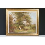 Les Parson, Oil on Canvas Pretty Country Scene with Children and Chickens by a cottage