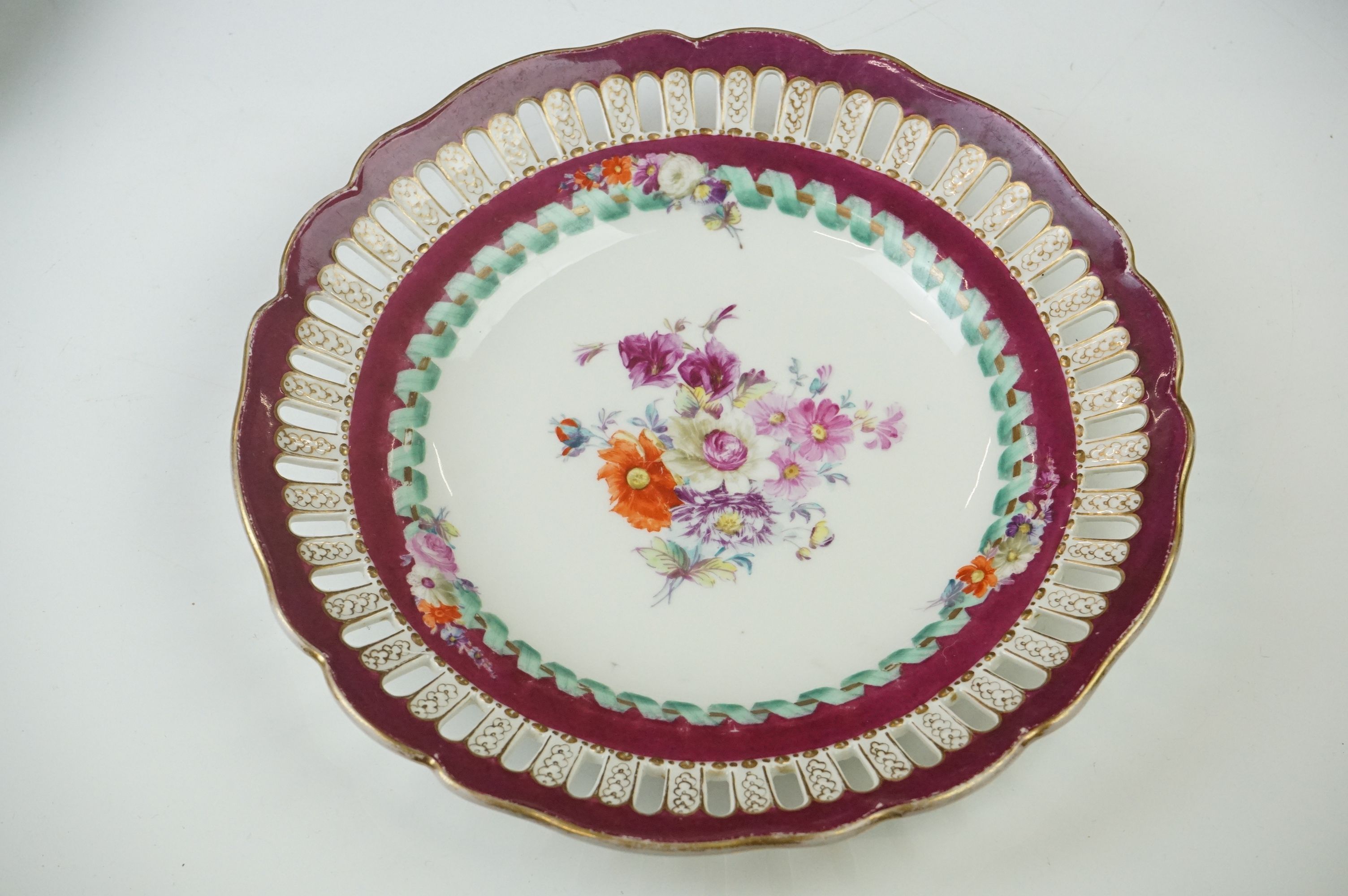 Seven Meissen reticulated Plates decorated with sprays of flowers within a ribbon border and pierced - Image 10 of 18