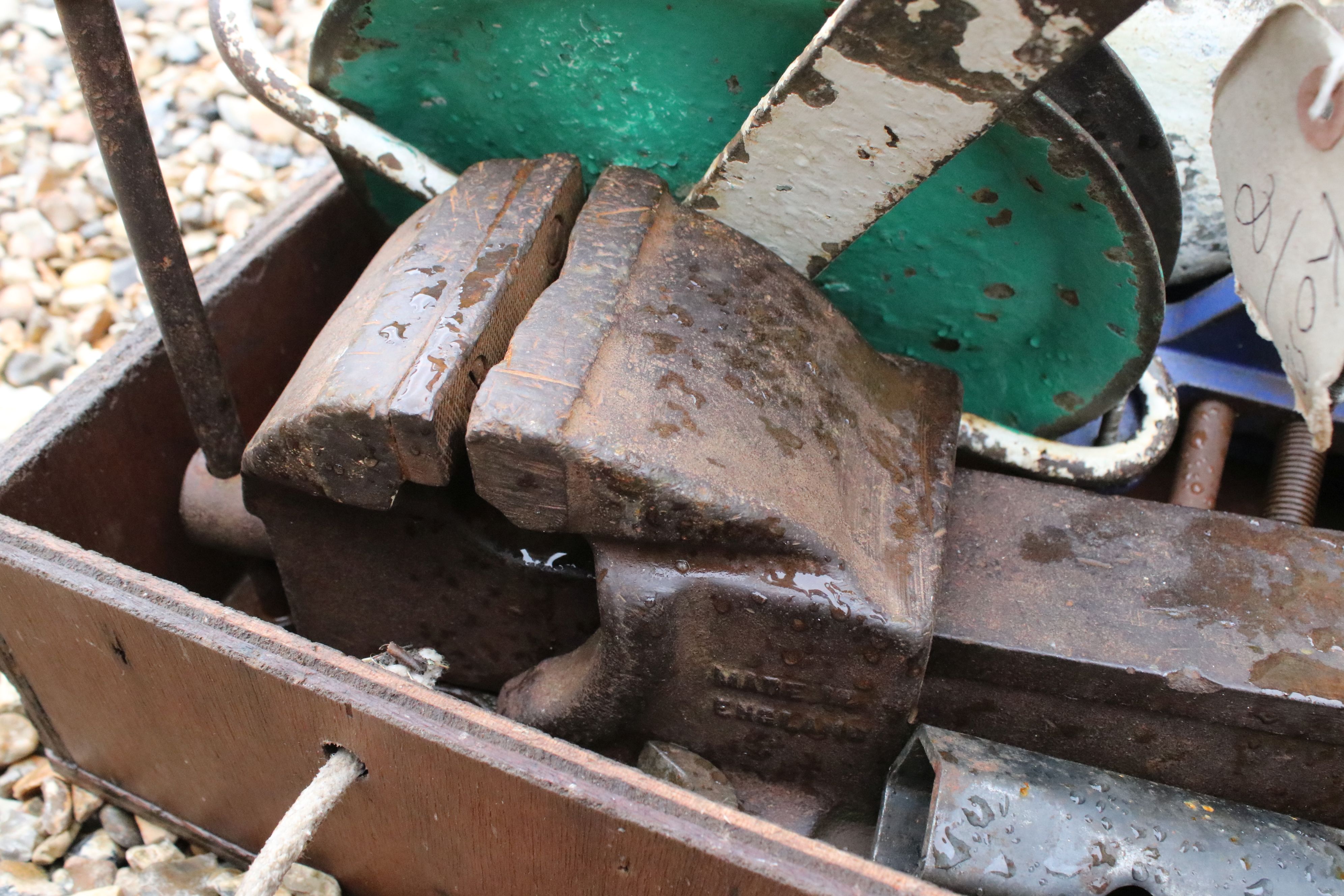 Collection of Vintage Tools to include three bench vices, iron and wood pulley, etc - Image 3 of 4