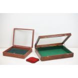 Two Wooden Framed Table Top Display Cabinet, both with hinged glazed lids, largest 61cm x 46cm x