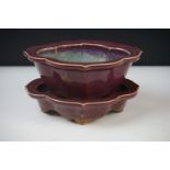 Chinese Jun type Quatrefoil Planter and Stand, the exterior with a purple tone glaze and the