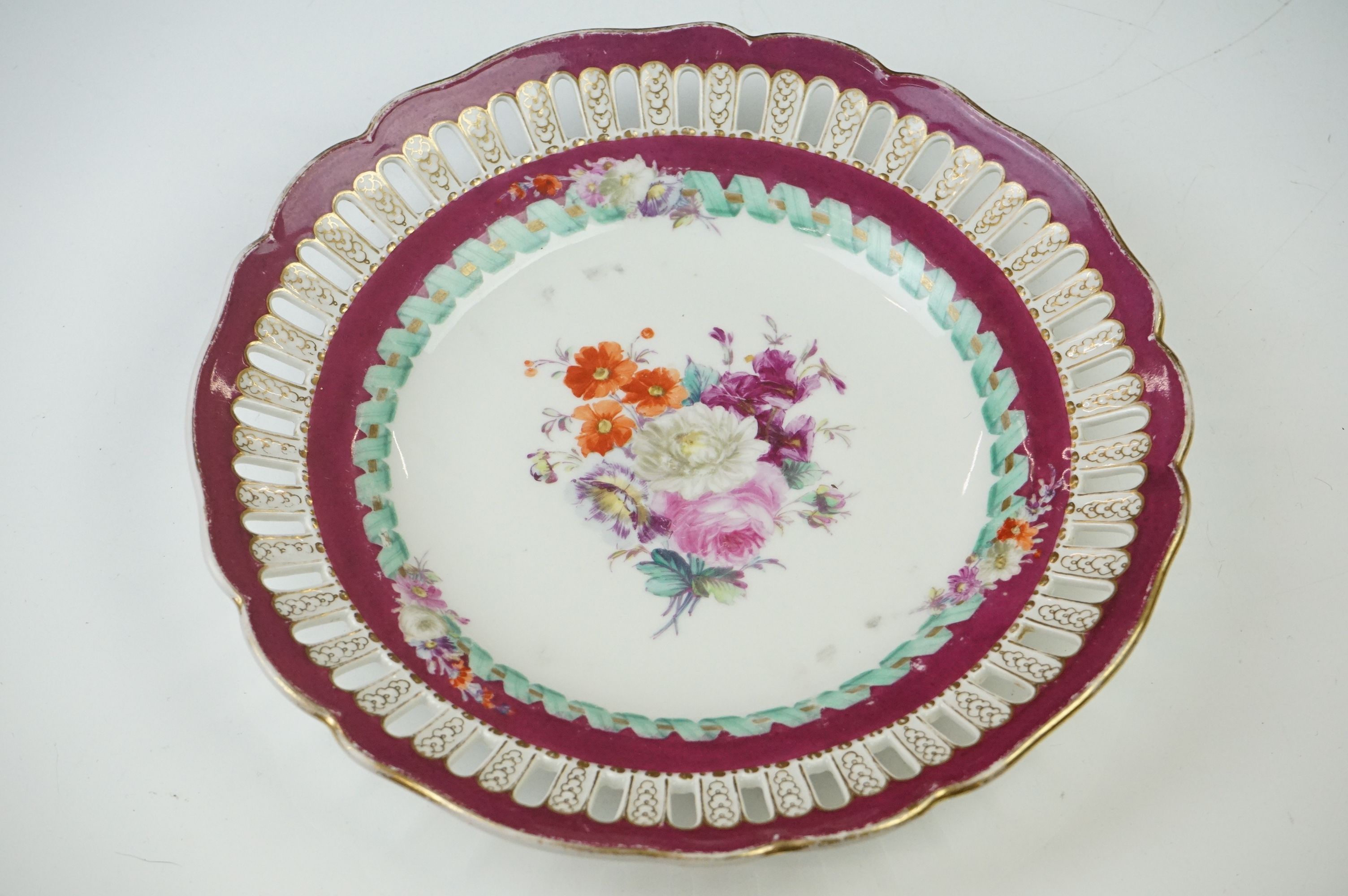 Seven Meissen reticulated Plates decorated with sprays of flowers within a ribbon border and pierced - Image 14 of 18