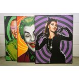 Three ' Pop Art ' Batman related Oil Paintings on Canvas of The Riddler, The Joker and Cat Woman,