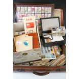 A large collection of mixed cigarette cards together with albums, used and mint stamps and a