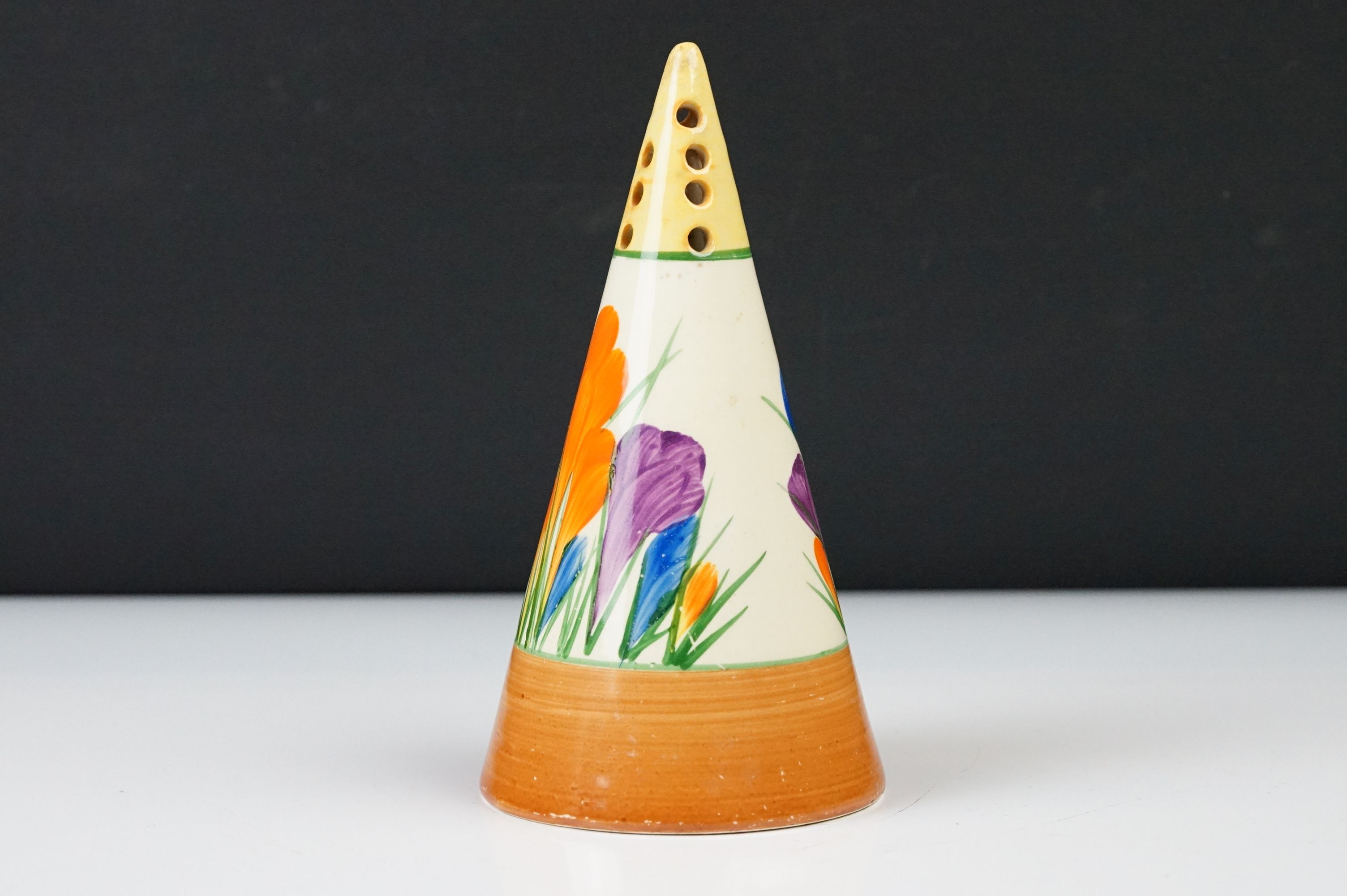 Clarice Cliff Pottery Bizarre Conical Sugar Shaker in the crocus pattern, 14cm high - Image 2 of 6