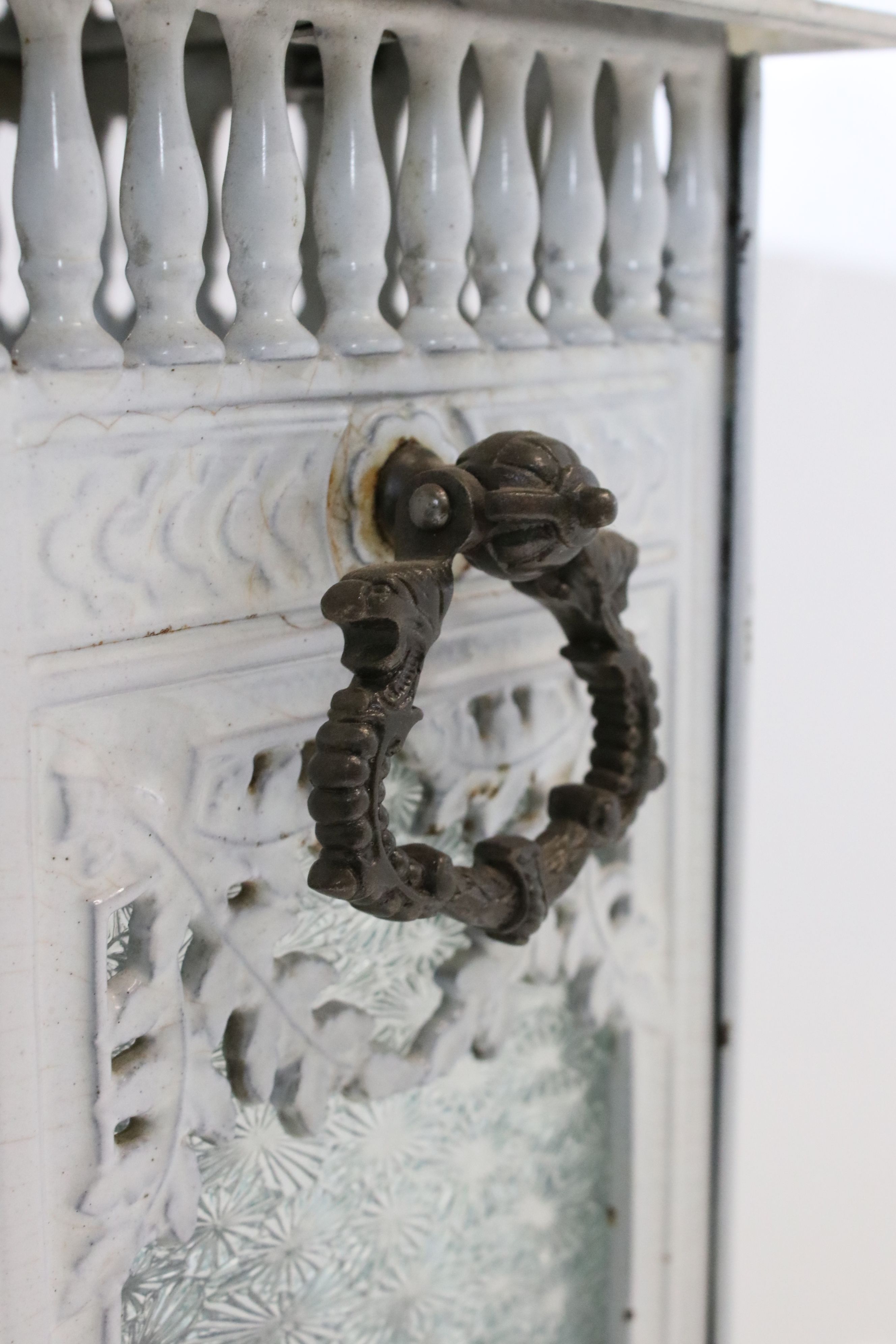 19th century White Painted Cast Iron Cathedral Heater, square form with glass panels, the domed - Image 3 of 4