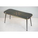 1960's Black Glass Coffee Table with Star Burst decoration, 90cm long x 41cm high