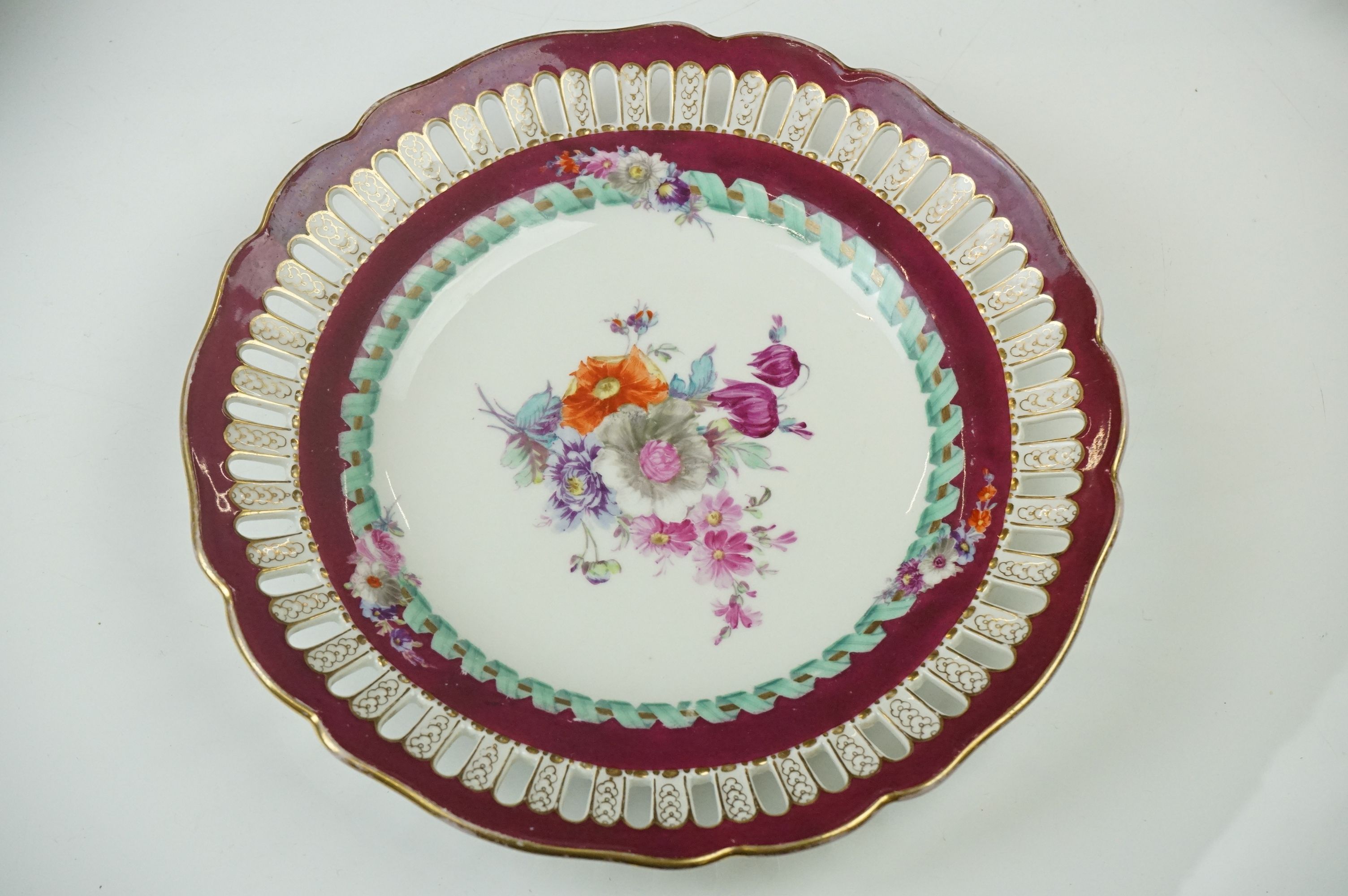 Seven Meissen reticulated Plates decorated with sprays of flowers within a ribbon border and pierced - Image 4 of 18