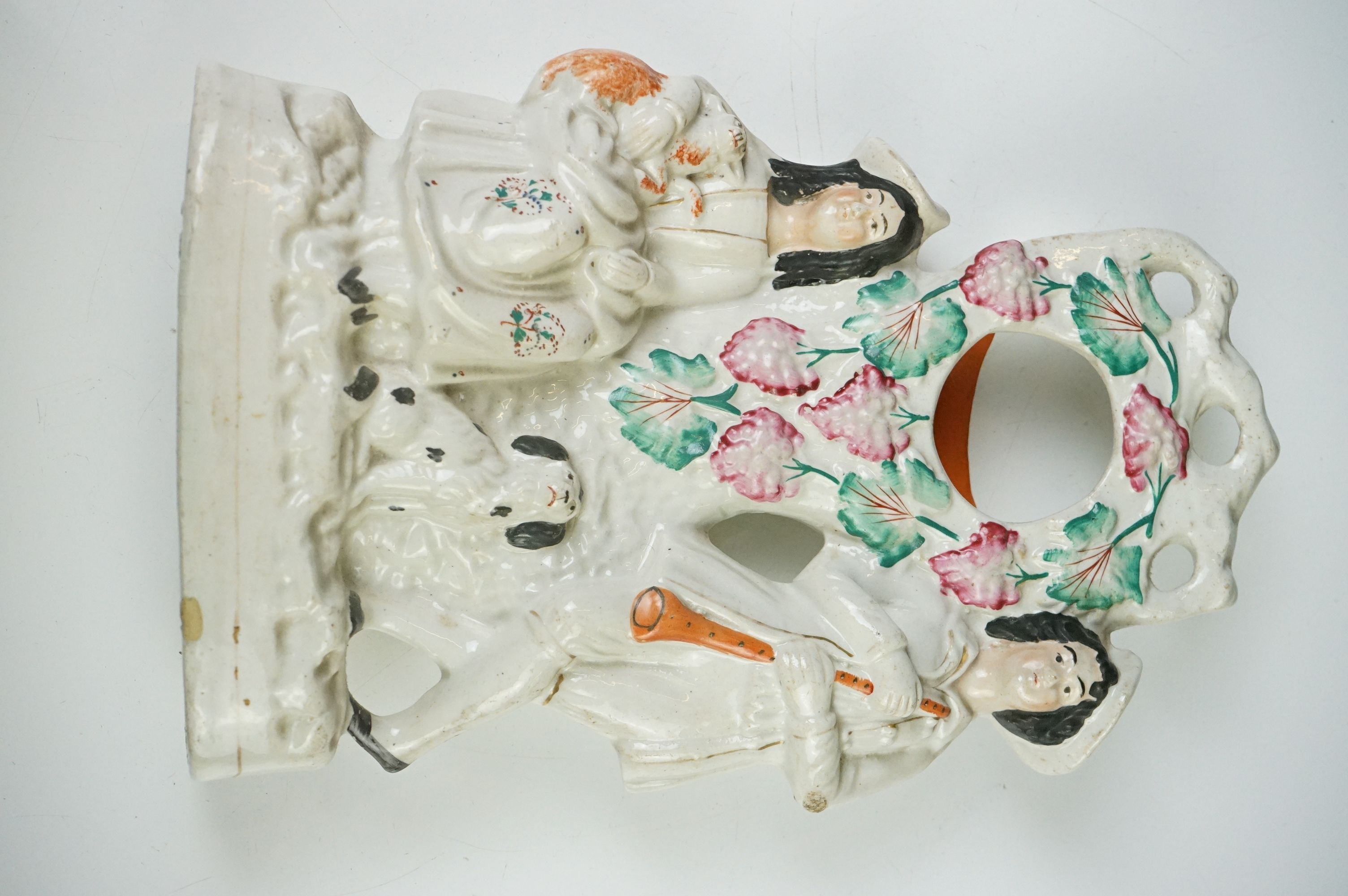 19th century Staffordshire Pottery Watch Holder with a musician lady holding a sheep and a - Image 8 of 18