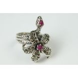 Silver Dress Ring set with marcasites and rubies of flower form